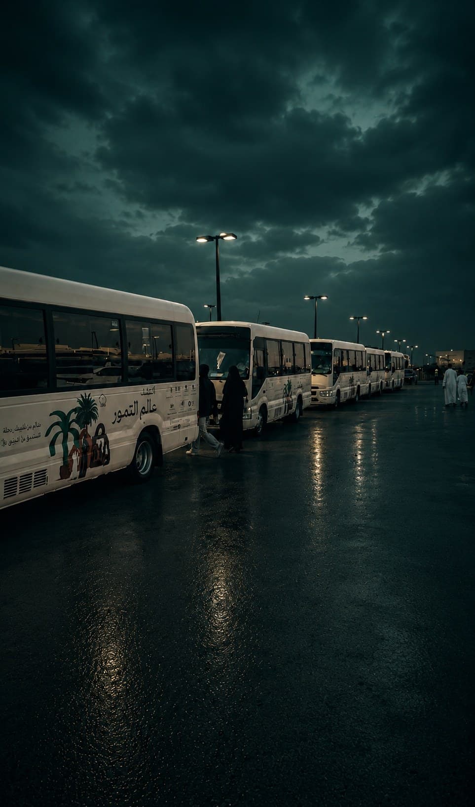 حافلات عزم بهوية عالم التمور تستقبل الحضور تحت المطر عند الغسق
