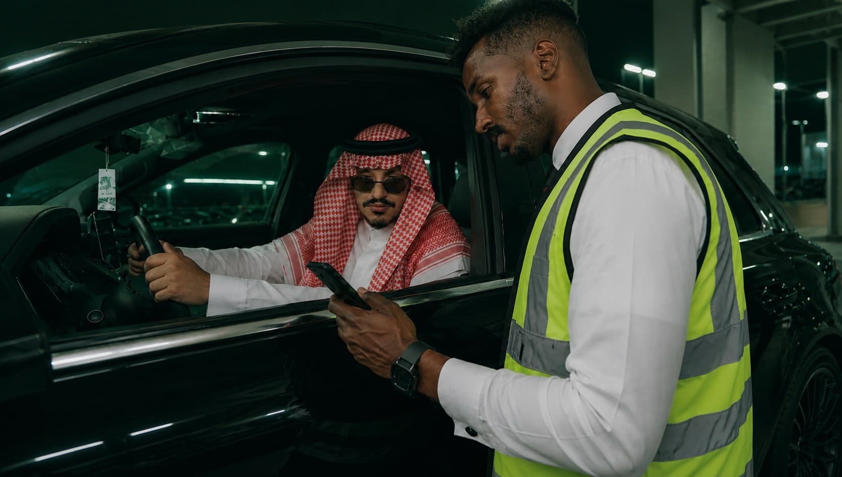 أحد أفراد فريق عزم بسترة عاكسة يتحقق من تفاصيل الرحلة مع أحد الضيوف داخل مركبة تنفيذية ليلًا