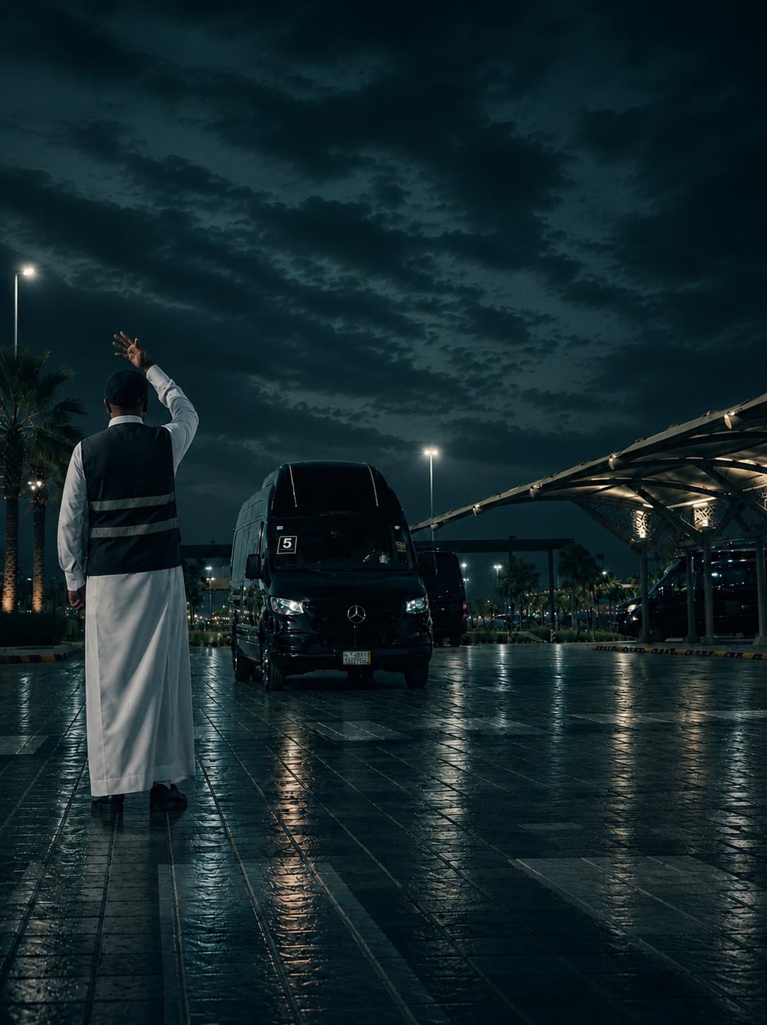 منظّم حركة يوجّه فان تنفيذي عند نقطة الانطلاق ليلًا